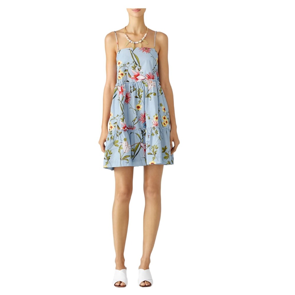 NICHOLAS Water Lily Dress Blue Floral Babydoll Mini Spaghetti Strap 4 Small